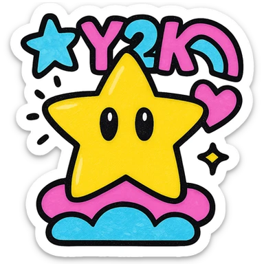 Y2K style Mario star, pastel colors, iridescent shine, and bold 2000s pop accents sticker