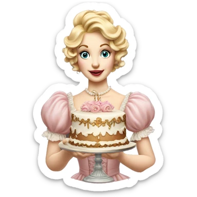 Blonde Woman holding a Vintage, highly detailed, rococo, Victorian, Birthday cake, pale pink, sticker