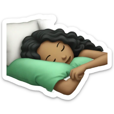 white european girl with long curly black hair sleeping in a bed with faded green striped comforters sticker