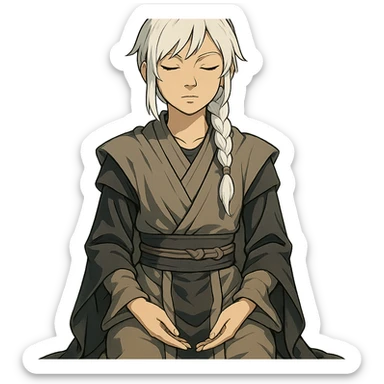  a closeup portrait of young woman with gold yellow eyes, white hair, long braid, black off-shoulder top, punk gothic style, futuristic cyberwave cyberpunk,  jedi attire, kneeling and gathering chi, jedi meditate, eyes closed hands at full rest. original republic jedi robes padawan sticker