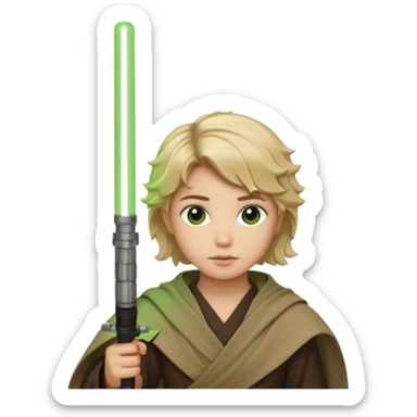 Young jedi with sandy blonde wavy short hair holding a green light saber, he has dark brown eyes sticker