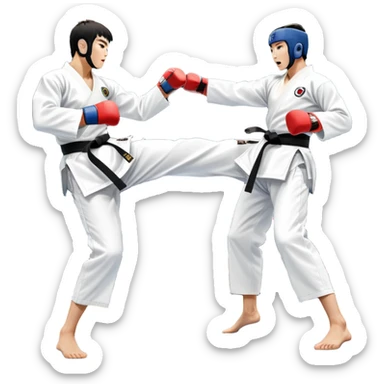 Two taekwondo fighters in traditional white doboks with black belts compete in a dynamic match. One executes a high spinning kick, while the other blocks skillfully. The background features a professional arena with bright lights and spectators. Transparent background. sticker