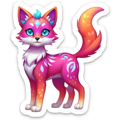 Vibrant multicolored neon-colored Falvie-Fionbri-creature-sparkle-feline-canine-hybrid-fursona, full body, fur pattern-markings sticker