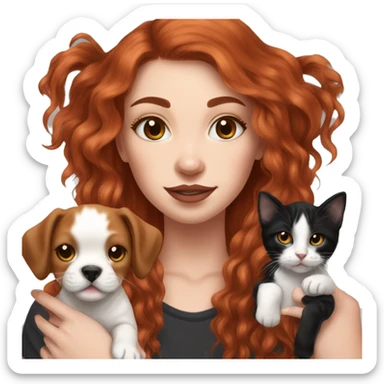 Long Red haired woman with septum piercing holding black and white English Staffordshire puppy and tabby kitten sticker