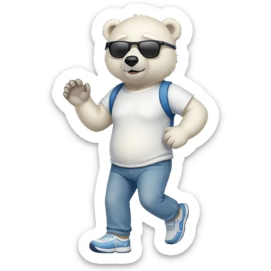 friendly anthropomorphised polar bear in jeans and a t-shirt, wearing dark sunglasses, jogging upright, standard pose sticker