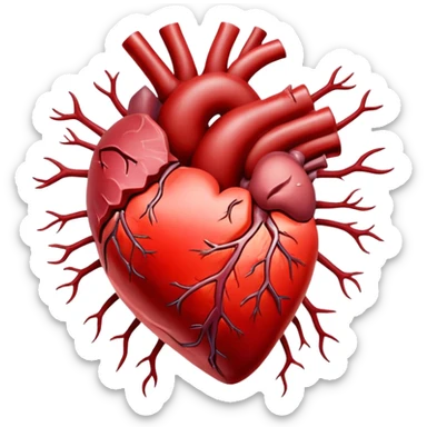 Glowing cuts of red meat and liver surrounding a bright red heart. Red blood cells float around the heart, with energy streams connecting the meat to the blood cells and heart, showing how iron-rich foods power circulation and vitality. sticker