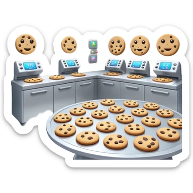 Futuristic cookie factory with robotic arms baking cookies, sleek silver walls, holographic control panels, emoji-style sticker
