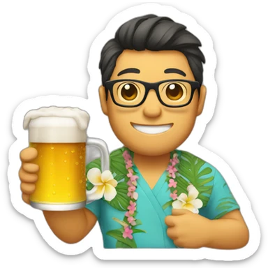 Japanese wearing glasses alohashirt is holding beer sticker