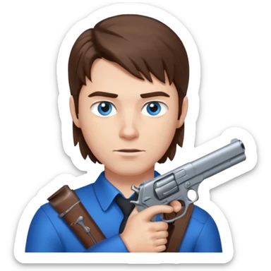guy w medium long brown hair and blue eyes with gun pointing at head sticker