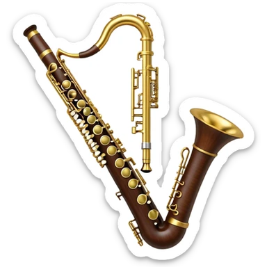 Create a refined and sophisticated emoji representing the Yamaha Custom Duet+ oboe. The design should feature the sleek, polished body of the oboe with elegant keywork details and a rich wood finish. The oboe should have a shiny, metallic look for its key components, and the bell should be subtly flared. Add musical notes or sound waves gently emanating from the instrument to reflect its melodic, smooth sound. Use warm, earthy tones like dark brown, gold, and silver to evoke the professional, classic vibe of a high-end woodwind instrument. The background should be transparent. sticker