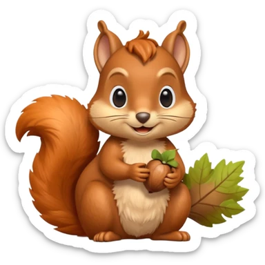 A 3D cartoon squirrel holding an acorn, fluffy tail curled up, orange-brown fur, happy face, soft natural light, Memoji-style look. sticker