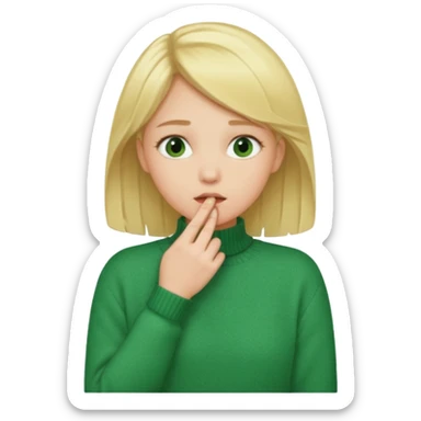 blonde girl has sore throat in green sweater with hand on throat sticker