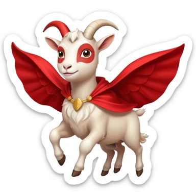 side view of white female goat wearing a read cape like superman sticker