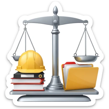 Image of a justice scale with a construction helmet on one side and a folder on the other. Simple sticker
