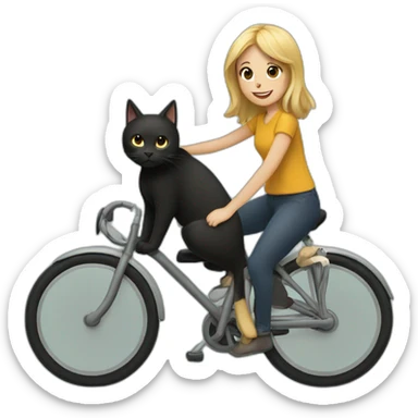 a black cat riding a bike with a girl with brown hair with blonde highlighted bangs sticker