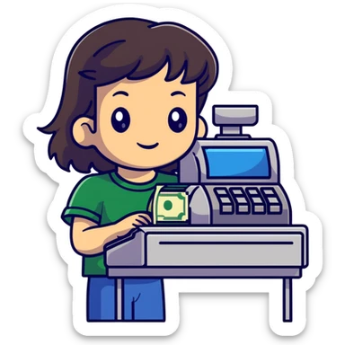 Smoky-haired girl works at the cash register sticker