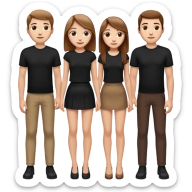 emoji of a girl with long, straight light brown hair, fair skin, soft brown eyes. Wearing a stylish black top and mini skirt. Full-height, standing confidently with shoulders back, head up, smiling proudly. Surrounded by 3men and one woman next to her, looking at her with admiration. sticker