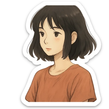 aesthetic girl with black hair, ghibli-inspired, gentle lighting sticker