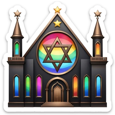 jewish synagogue temple in dark goth aesthetic style with black building and very light tint glass windows that are rainbow if looked at together. and star of david and celestial symbolism sticker