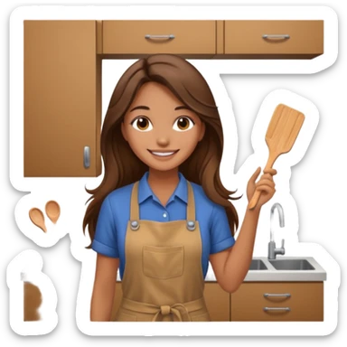 beautiful girl with long brown hair constructing new kitchen sticker