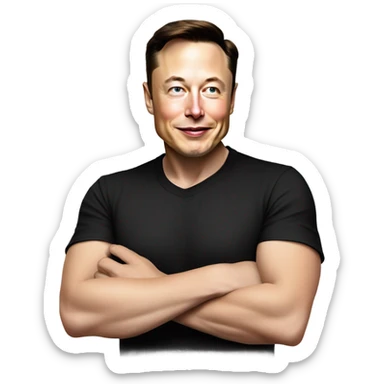 A cartoon-style illustration of Elon Musk with a confident smirk, wearing his signature black t-shirt, pointing downward. His facial expression should convey a mix of enthusiasm and playful authority.  sticker