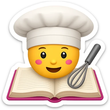 Create an emoji style image of a chef hat on top of a cookbook with a whisk. The style should resemble apple style emojis with clear, concise details and vibrant colors. sticker