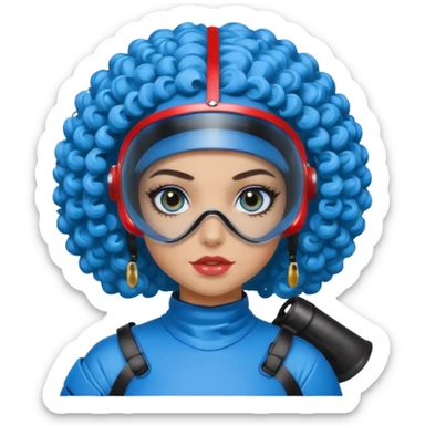 blue curly girl with huge earringswearing paintball with red paintball helmet with eye protection, only face  sticker
