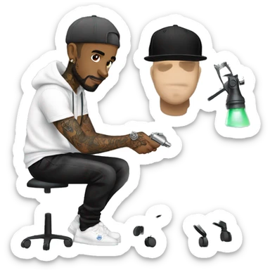 male tattoo artist using hoodie and cap holding tattoo machine sticker