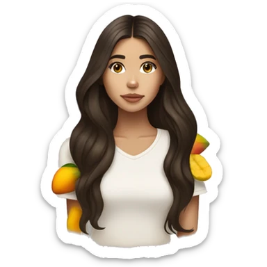 brunette, long haired, brown eyed, madison beer wearing Aritzia and holding a yuzu and mango sticker