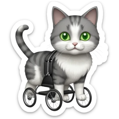 full body small short hair dark grey and white cat with green eyes walking in a wheelchair for cats sticker