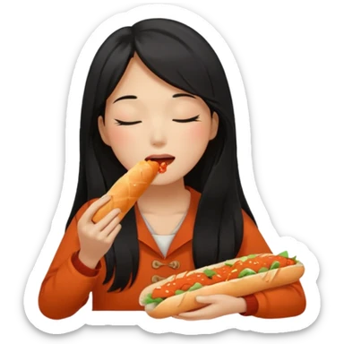 Girl black long hair eat kimchi close eyes baguette sticker