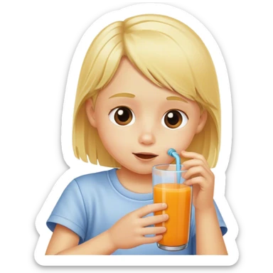 A blond kid drinking juice looking at a phone sticker
