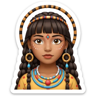 Chica indígena con maquillaje tradicional de indígenas con puntos y rayas, pelo liso y flequillo, con aretes de candongas grandes  sticker