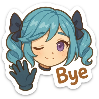 chibi style head of Gwen from League of Legends, right eye purple, one hand waving with glove, expressing a goodbye emote, wistful and soft look, no letters sticker