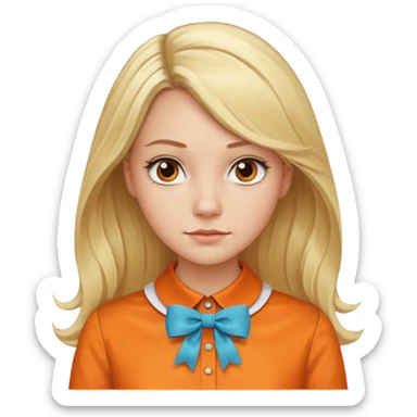 long blond hair not smiling woman with orange blouse bow collar sticker