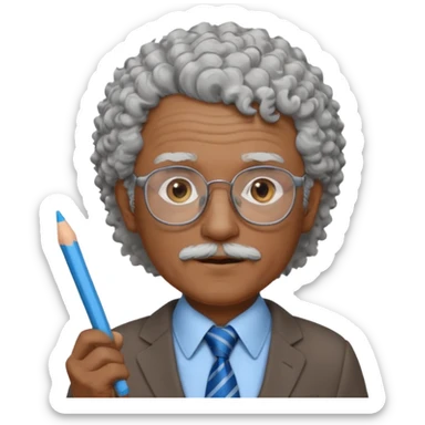 old man teacher, brown skin, curly grey white hai, wearing glasses, brown suit, blue tie hold chalk on hand sticker