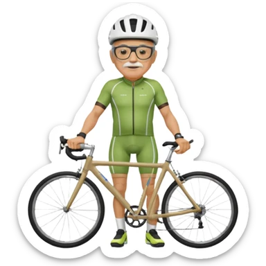 older, 60-year-old man, about 200lbs, with visor under helmet, and mirror on glasses, in cycling clothes, straddling road bike, graphic design sticker