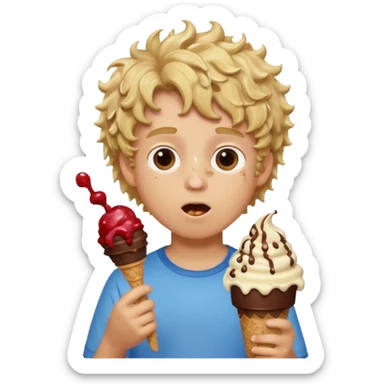 boy blonde curly hair, chef, eating big chocolate ice cream sticker