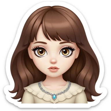 wavy brown long bangs hair, pale skin,  heterochromia iris, pretty bratz baddie, strong black eyeliner sticker