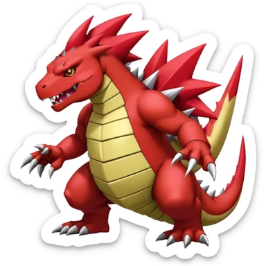 Cool edgy shiny Guilmon-Tyranitar-Drudigon-Digimon-hybrid-fusion, yellow belly, full body sticker