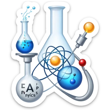 An icon featuring an atom, a laboratory flask, and a physics formula, symbolizing the study of physics. The design includes a magnet, a pendulum, and light waves, representing forces, energy, and scientific discovery. Transparent background highlights the exploration of physical laws and phenomena. sticker