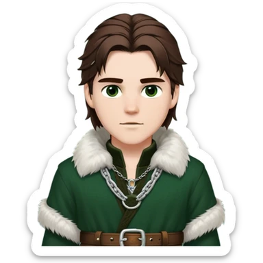 Medieval winter outfit worn by a DnD themed fantasy male character. Double-layered hunter green wool tunic with sable fur collar, featuring silver chain closures and a thick braided leather belt with iron fittings. Clothes only above the waist, full waist coverage. The character has no arms. Character is white-skinned with rich brown hair, amber-flecked eyes, and medium-length straight hair with ice-rimmed edges. sticker