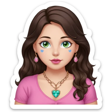 Girl girl long wavy dark brown hair with middle part, green/blue/gold eyes, plus size, pink girly top, right nostril rose gold nose ring, pink heart crystal necklace  sticker