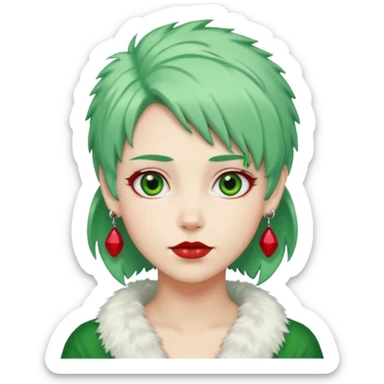 white furred unicorn with green hair and big red earrings looking into camera sticker