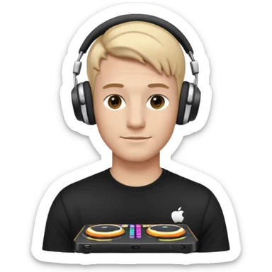 эмодзи парень диджей молодой с диджейский пультом красивый парень со светлыми волосами и в наушниках apple airpods max одет в черную футболку карие глаза  sticker