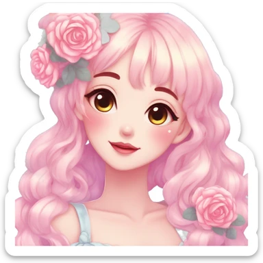 Gorgeous pastel anime style lady with blushing face and roses cottagecore fairycore pastelcore shiny colorful pearly aesthetic trending style sticker