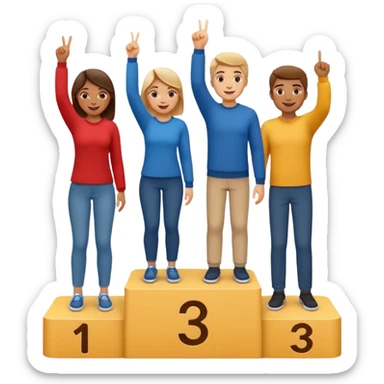 winners podium with three people numbered 2, 1, 3 left to right, all in relaxed casual clothes, center person on 1 step raising one finger on each hand, cheerful expressive friendly emoji style sticker