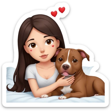 A pretty girl with long dark hair layered  cascading down her face sits on the bed with her brown pit bull  laying beside of her heart is flying all around sticker