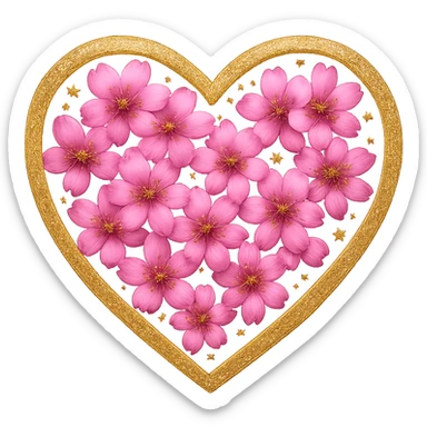Add a shimmer effect to the gold and silver sparkles on the heart surrounded by sakura petals in the style of apple emojis, no background. sticker