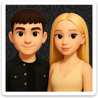 Slightly increase the volume of the upper body of the girl, significantly spread them apart from each other, make the skin color the same for both characters, while preserving the cartoonish 3D style as seen in the reference image. sticker